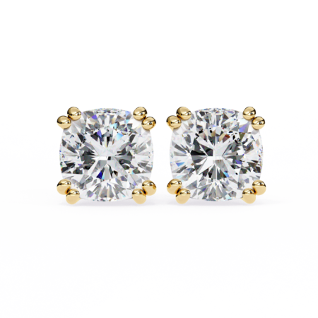 Majestic Cushion – Yellow Gold Studs with Double-Claw Lab-Grown Diamonds