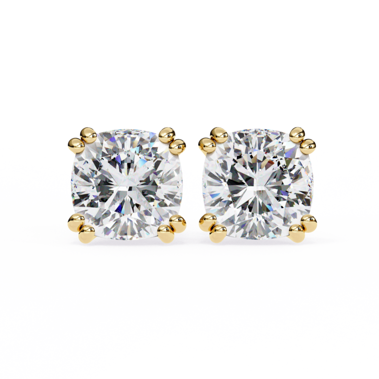 Majestic Cushion – Yellow Gold Studs with Double-Claw Lab-Grown Diamonds
