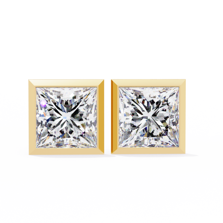 Geometric Shield – Yellow Gold Studs with Bezel-Set Princess Cut Diamonds