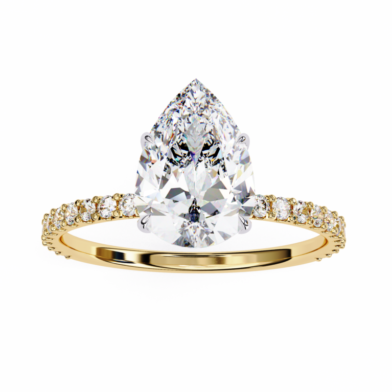 Tears of Joy – Yellow Gold Solitaire Ring with Pear Lab-Grown Diamond and Pavé Band