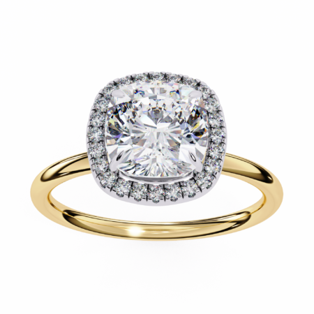 The Crowned Aura – Yellow Gold Halo Ring with Cushion Lab-Grown Diamond