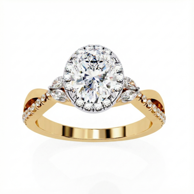 Imperial Twist – Two-Tone Gold Ring with Oval Lab-Grown Diamond Halo