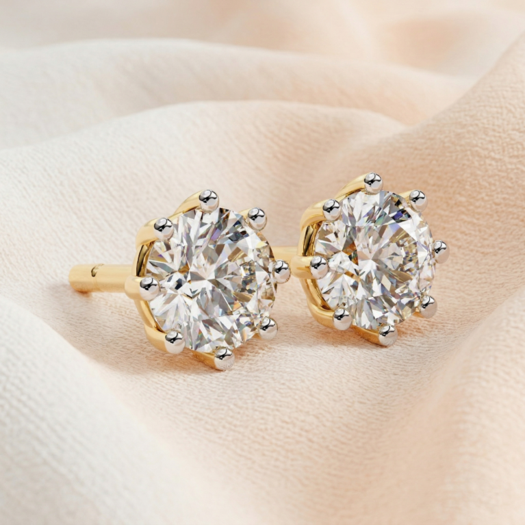 The Regal Octet – Yellow Gold Solitaire Studs with 8-Prong Setting