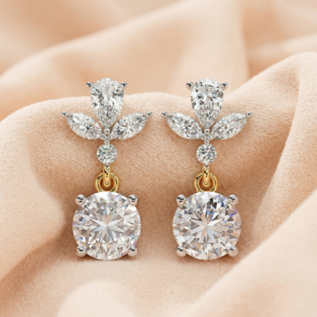 Cascading Lily – Yellow Gold Drop Earrings with Diamond Floral Motif