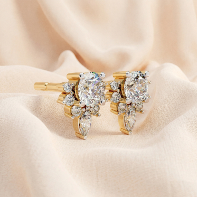Majestic Teardrop – Yellow Gold Studs with Round & Marquise LGD Cluster