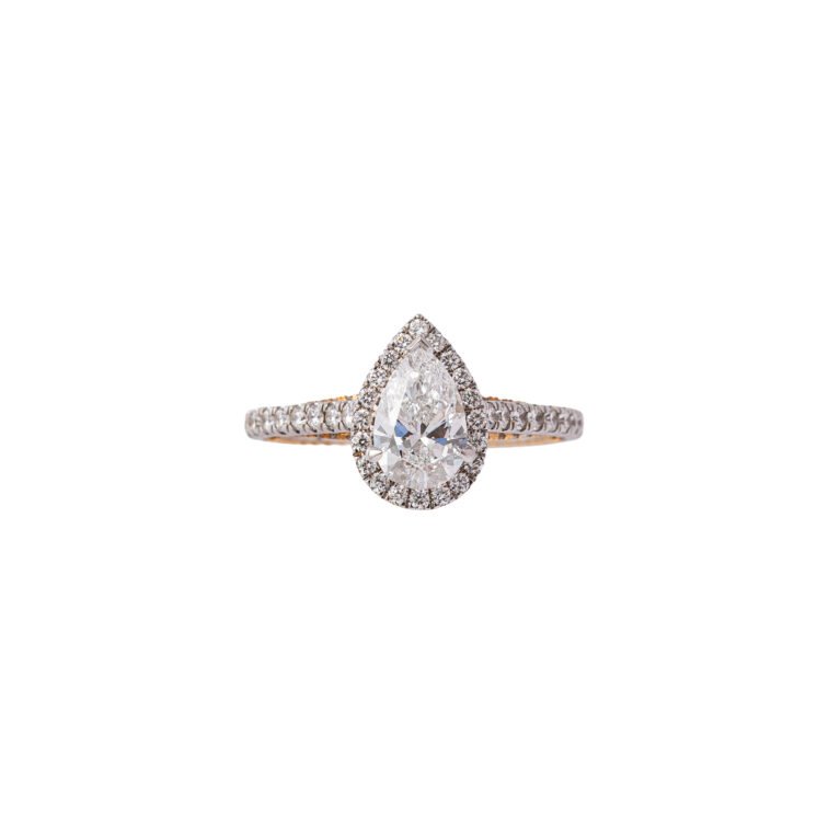Ethereal Ascent – Gold Pear-Cut Lab-Grown Diamond Halo Ring with Split Shank