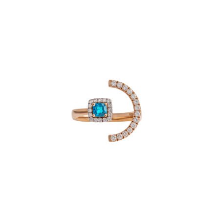 Azure Eclipse – Rose Gold Bypass Ring with Blue Topaz and Diamond Arc