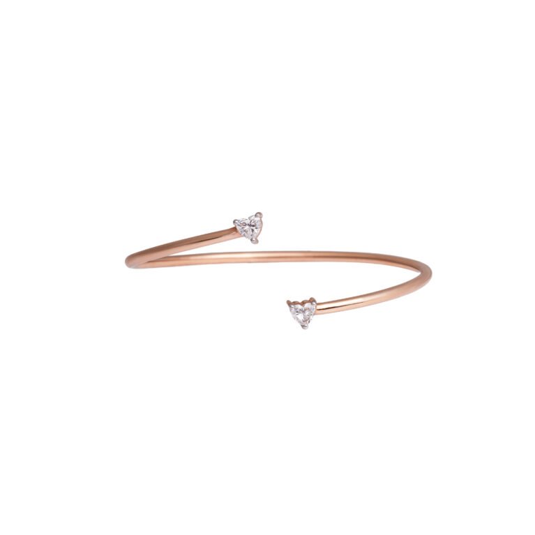 Twin Embers – Gold Open Cuff Bangle with Heart Lab-Grown Diamonds