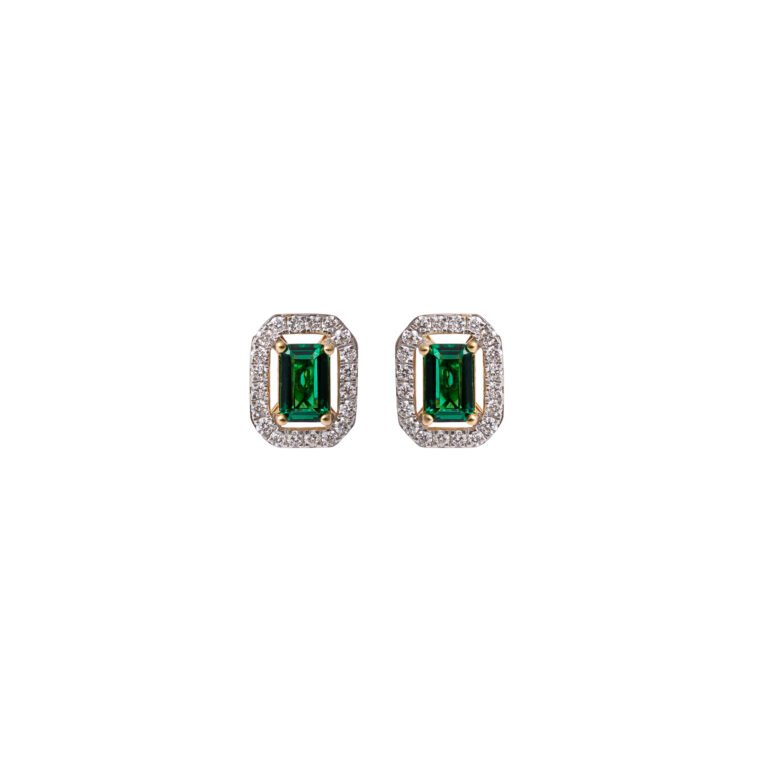 Verdant Aura – Gold Earrings with Emerald Colour stone and Diamond Halo