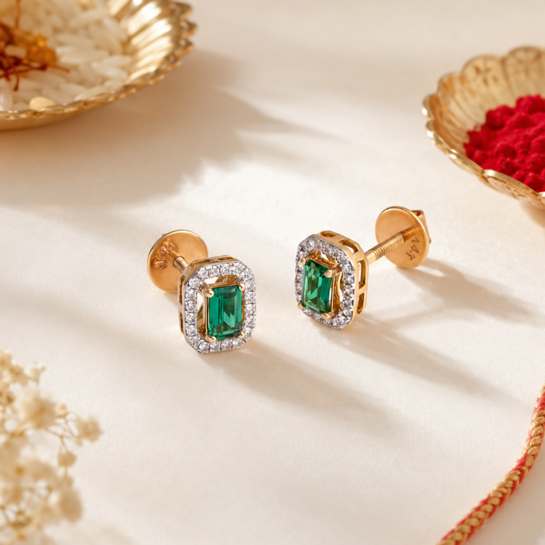 Verdant Aura – Gold Earrings with Emerald Colour stone and Diamond Halo